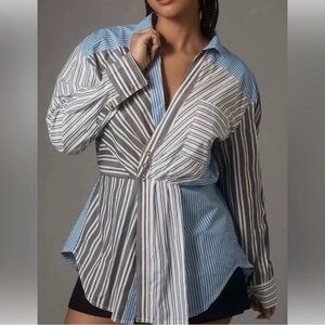 Pilcro Striped Button-Front Peplum Shirt - Blue & Gray